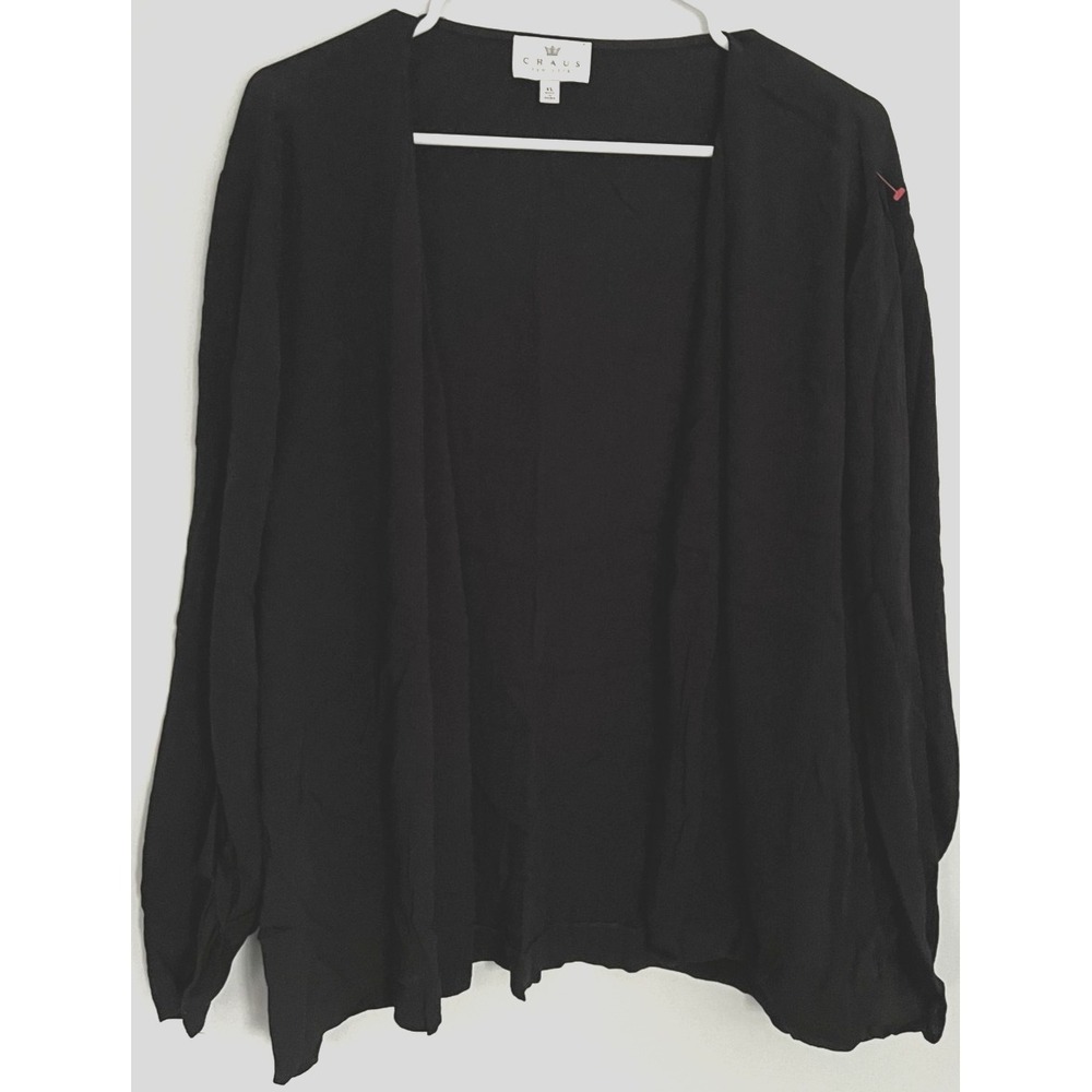 Chaus New York Cardigan Womens XL Black Crinkle Open Front Lightweight Rayon